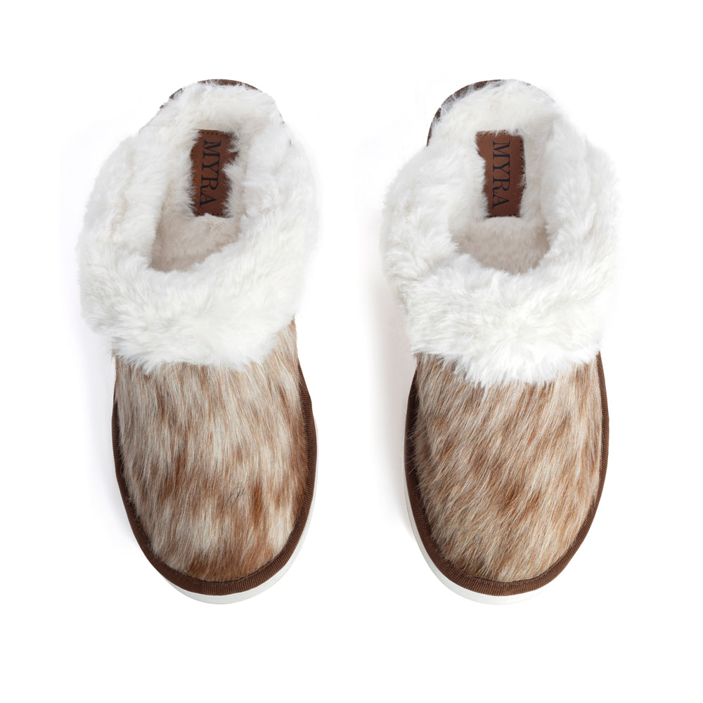 Myra Alamosa Tan Fur-Lined Hairon Leather Slippers for Women Winter Indoor Comfort, Soft Sole, Western Style