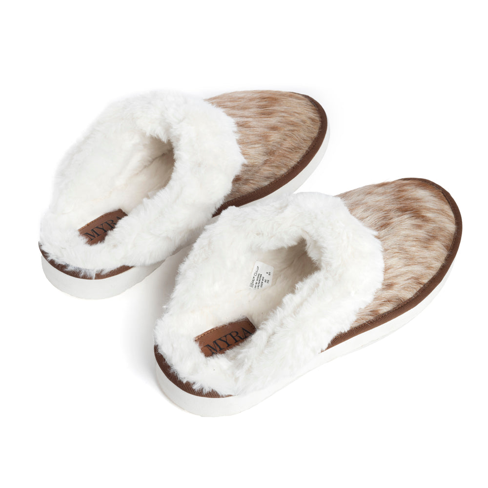 Myra Alamosa Tan Fur-Lined Hairon Leather Slippers for Women Winter Indoor Comfort, Soft Sole, Western Style