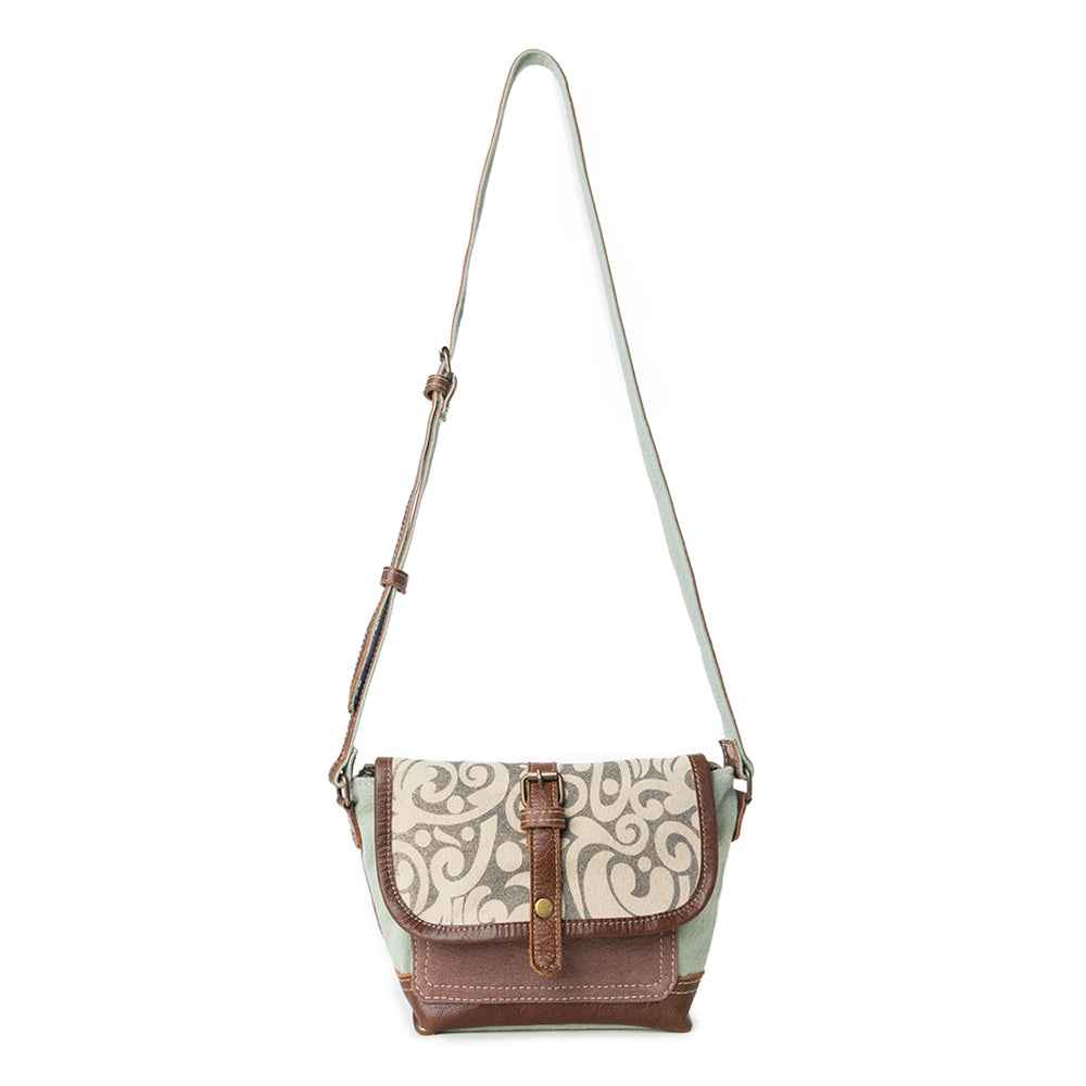 Myra Leaf Print Crossbody Bag for Women with upcycled canvas in leaf print for everyday use