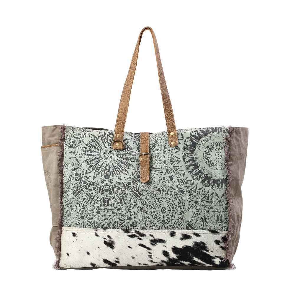 Myra Green Floral Print Weekender Bag for Women with cotton canvas and genuine leather in green floral print