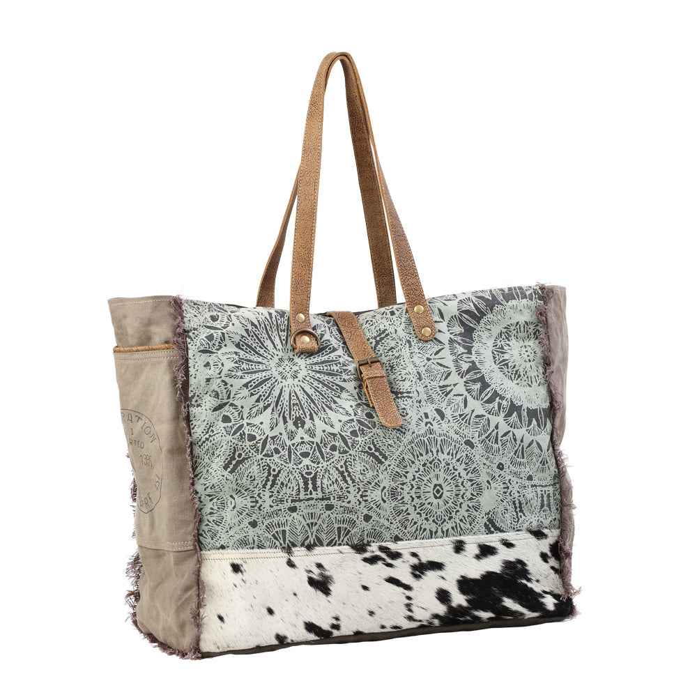 Myra Green Floral Print Weekender Bag for Women with cotton canvas and genuine leather in green floral print