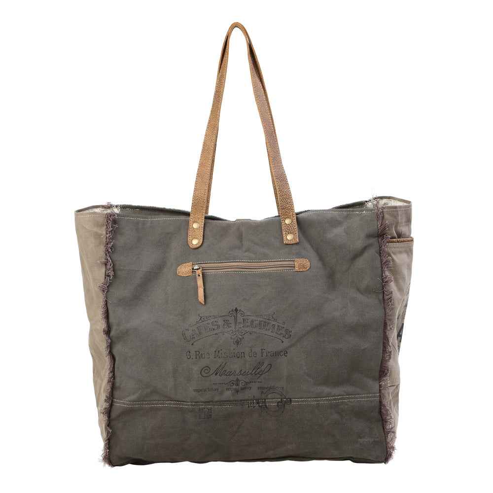 Myra Green Floral Print Weekender Bag for Women with cotton canvas and genuine leather in green floral print