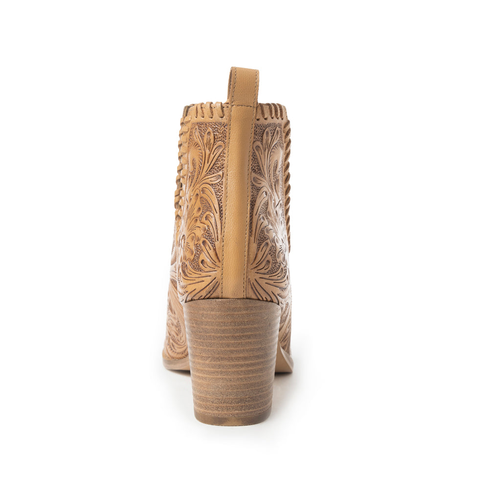 Myra Persimmonee Embossed Leather Heels for Women â€“ Open Toe, Mid Block Heel, Western Cowgirl Fashion for Rodeo Evenings