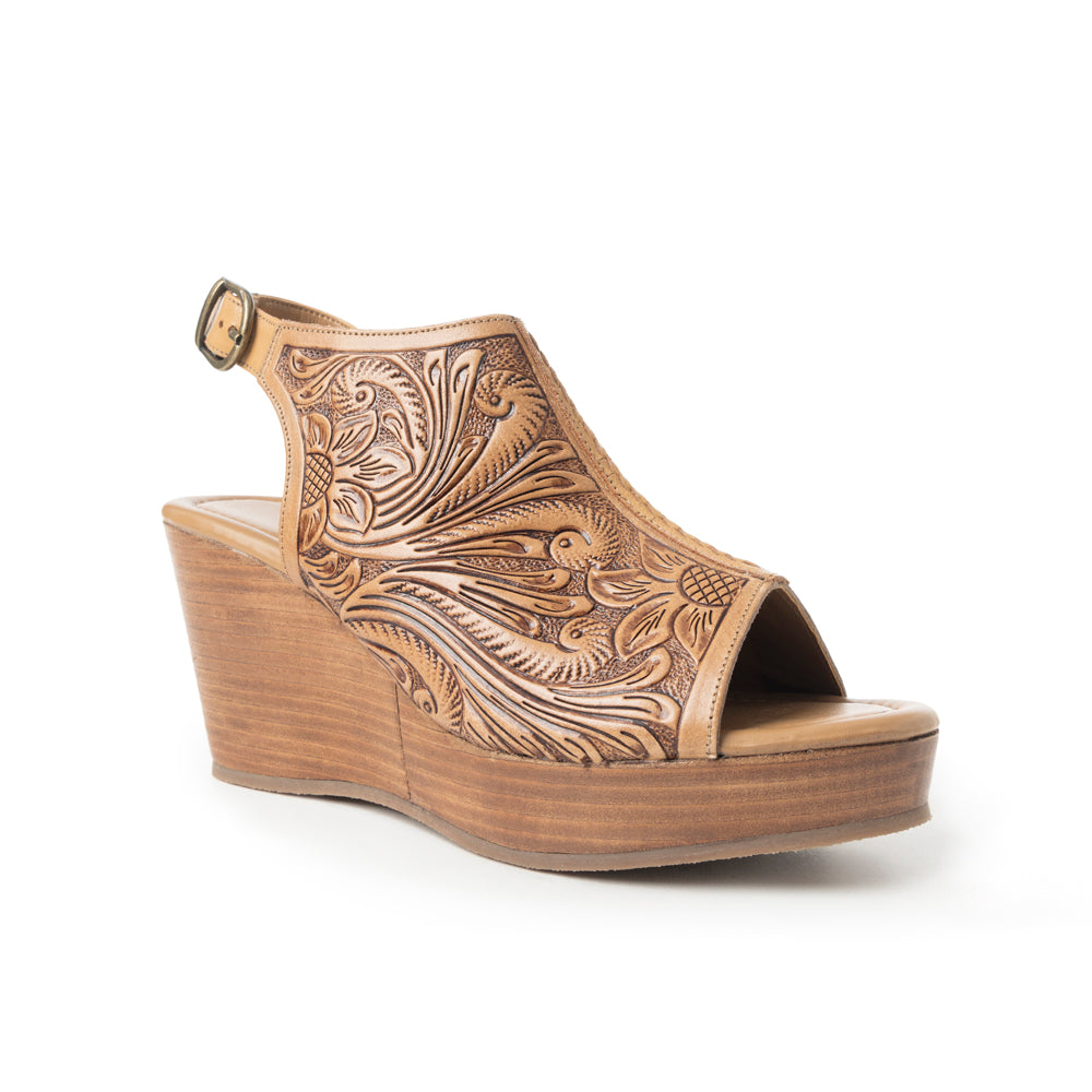 Myra Mila's Trail Embossed Leather Wedge Heels for Women â€“ Tan Floral Design, Adjustable Buckle, Comfortable Western Platform