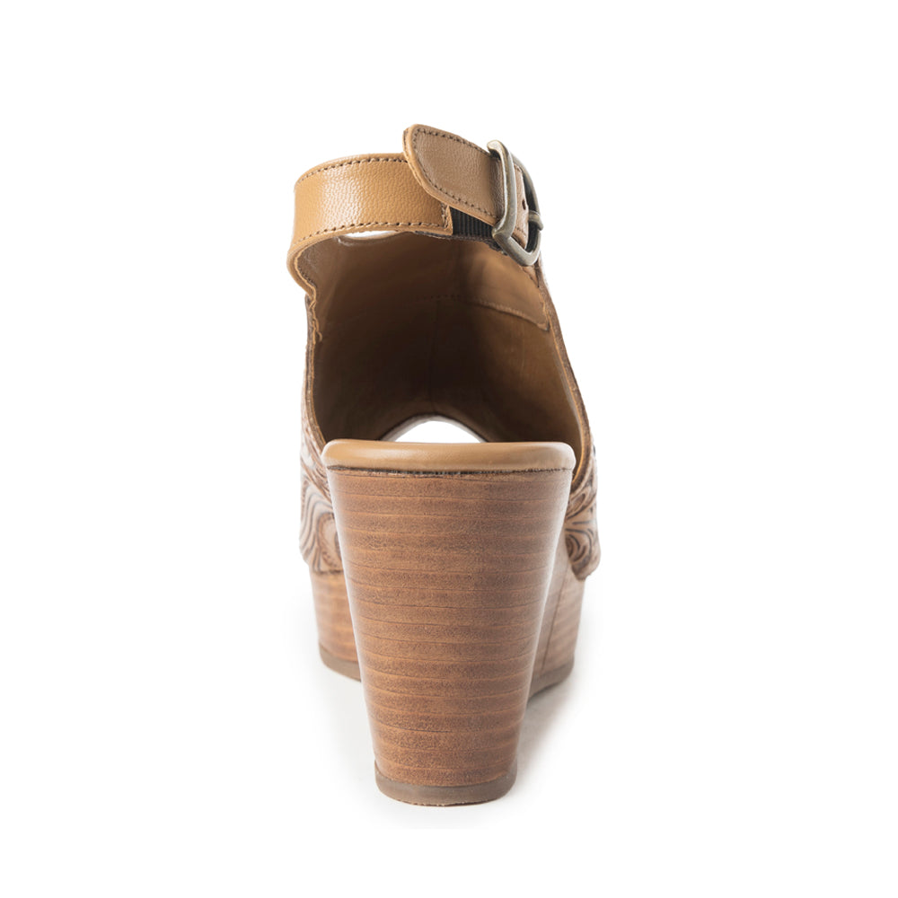 Myra Mila's Trail Embossed Leather Wedge Heels for Women â€“ Tan Floral Design, Adjustable Buckle, Comfortable Western Platform