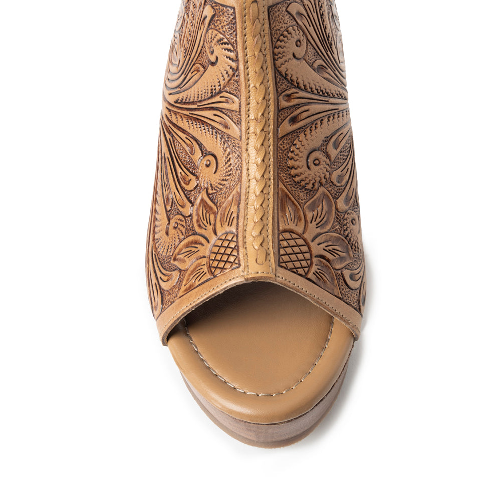 Myra Mila's Trail Embossed Leather Wedge Heels for Women â€“ Tan Floral Design, Adjustable Buckle, Comfortable Western Platform