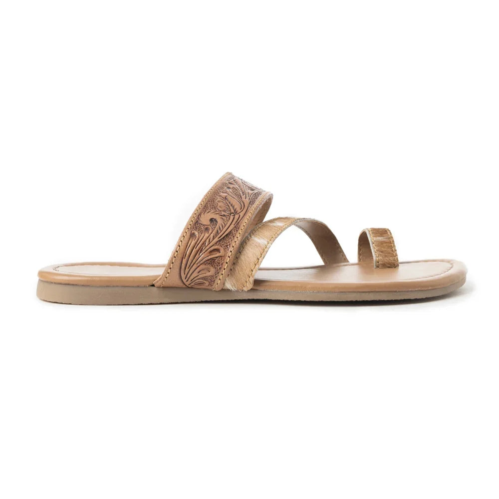 Myra LaDonna Trail Floral Handtooled Sandals for Women â€“ Beige Western Hairon Slip-Ons for Ranch Days & Rodeo Nights