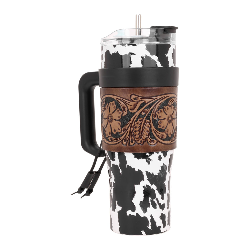 Myra Wide Wyoming Tumbler in black and white with cowhide print and tooled leather design for everyday use