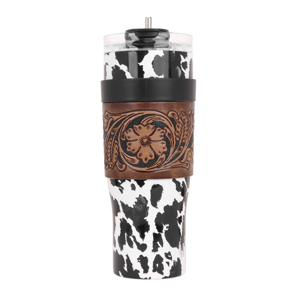 Myra Wide Wyoming Tumbler in black and white with cowhide print and tooled leather design for everyday use