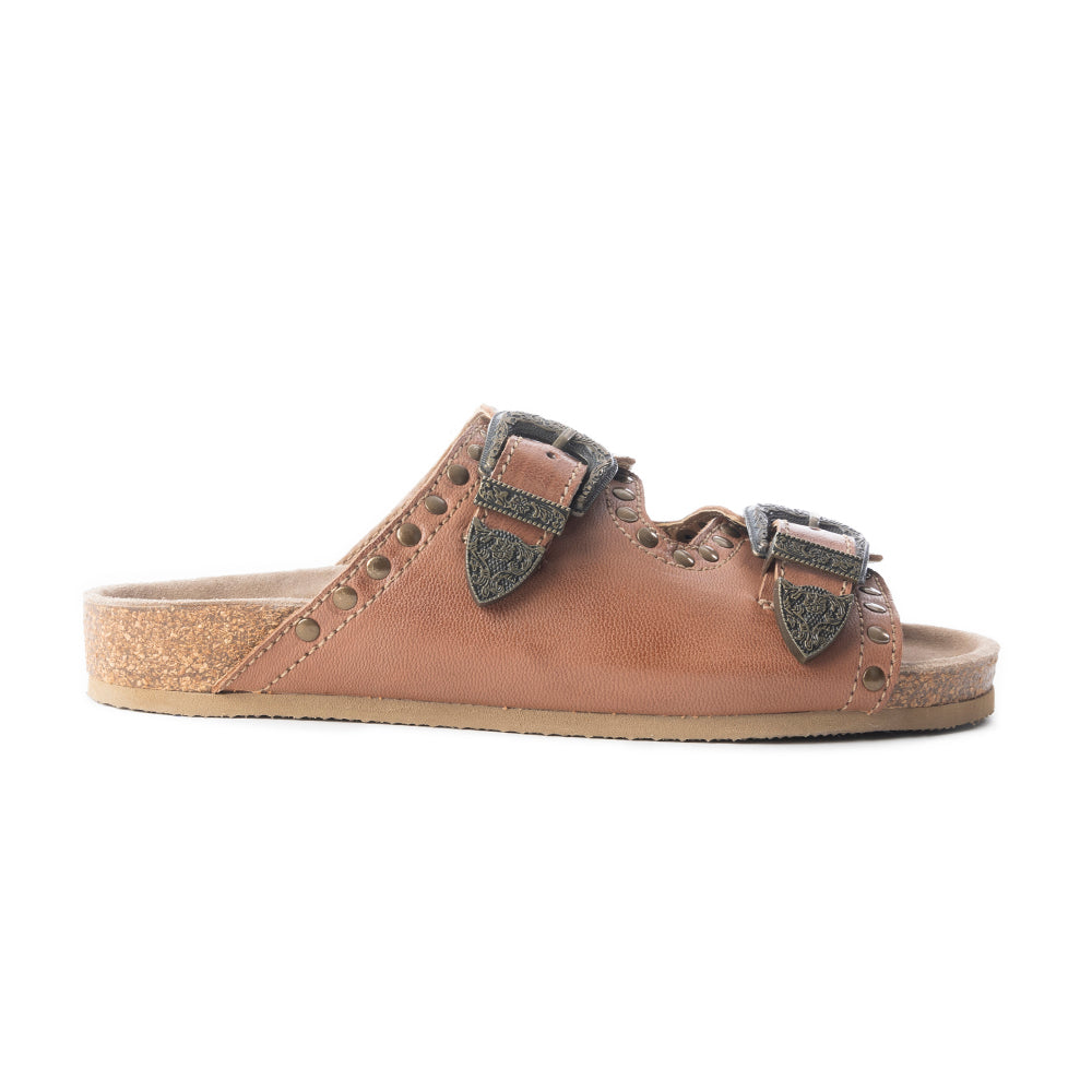 Myra Great Sonora Sunset Studded Leather Sandals for Women – Cork Sole, Antique Brass Dual Buckles for All-Day Comfort