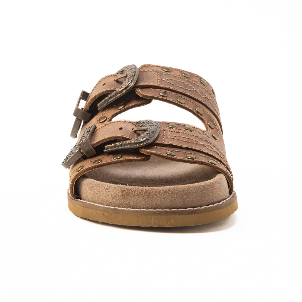 Myra Great Sonora Sunset Sandals for Women with leather in brown with western buckles and brass studs