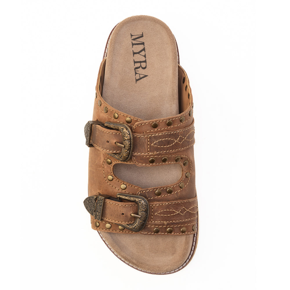 Myra Great Sonora Sunset Sandals for Women with leather in brown with western buckles and brass studs