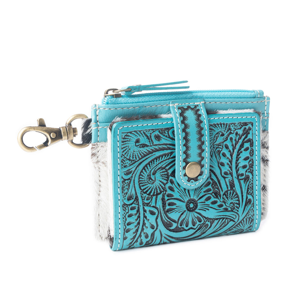Myra Wildflowers of the Prairie Embossed Leather Wallet with Hairon - Turquoise Snap Mini Wallet with Coin Pouch for Women
