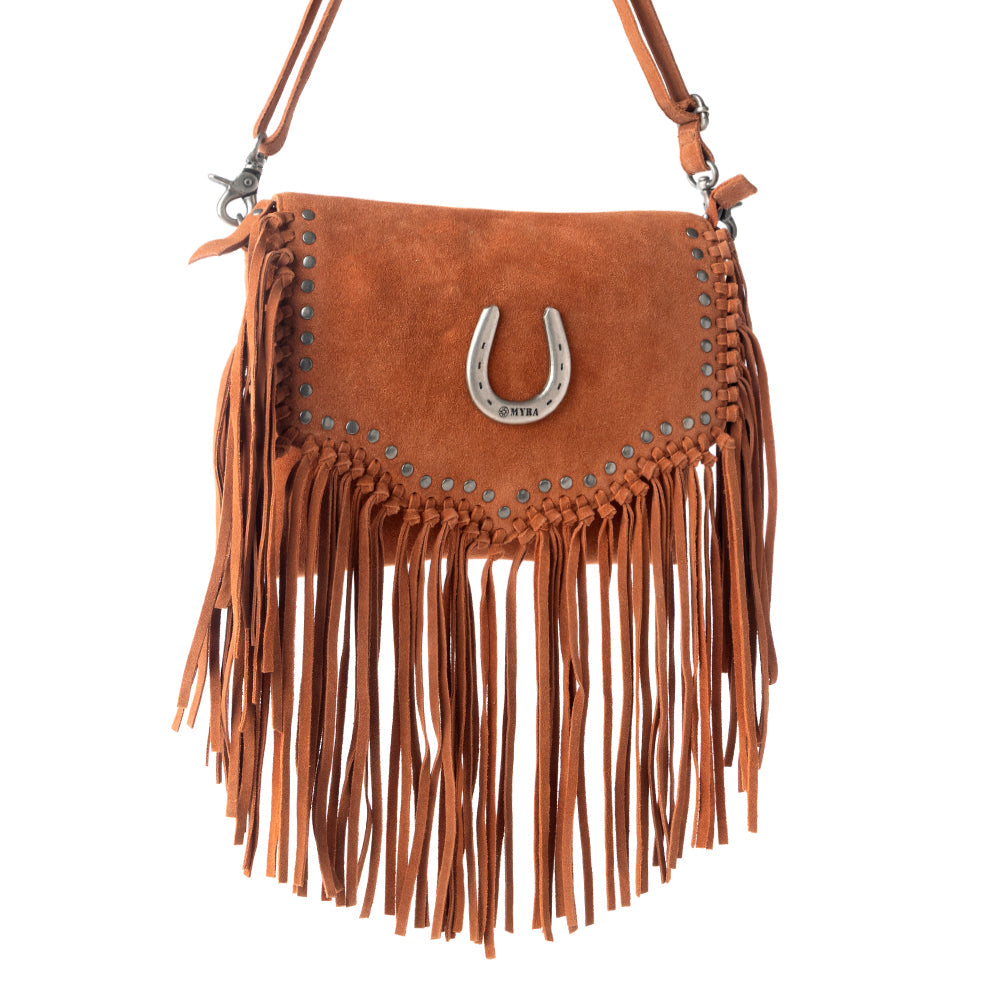 Myra Lucky Charm Leather Bag for Women in Brown with fringe and horseshoe detail