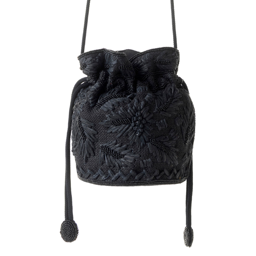 Myra Honey Vine Western Bucket Bag for Women in Black with embroidered detail