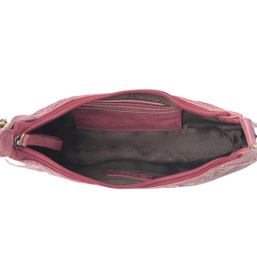 Myra Heritage Vine Embossed Leather Bag for Women in Red with shoulder strap