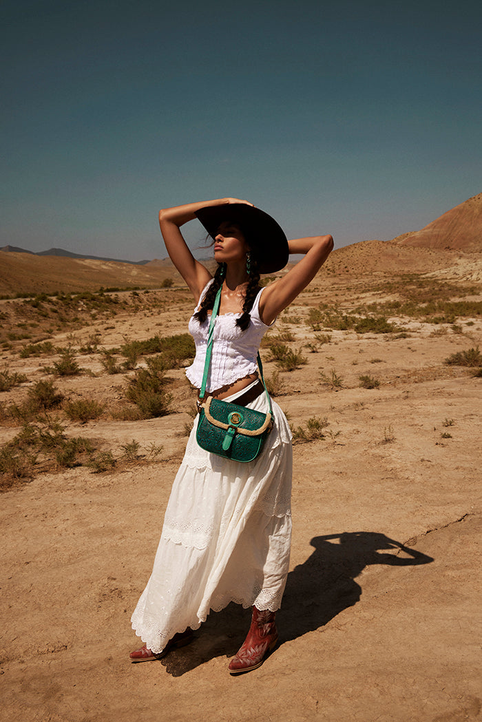 Myra Turquesa Rose Embossed Leather Crossbody Bag with Fur Accent in Cactus Bloom