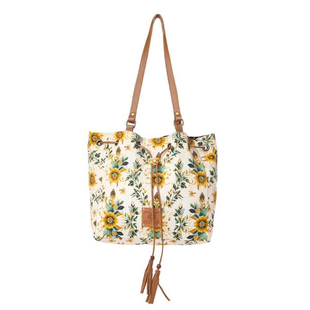 Myra Southern Bloom Cotton & Leather Bucket Bag in Chestnut Beige