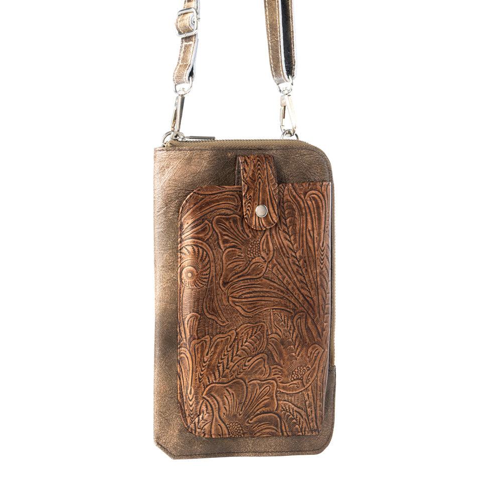Myra Coyote Bloom Embossed mini sling for Women in walnut with floral detail