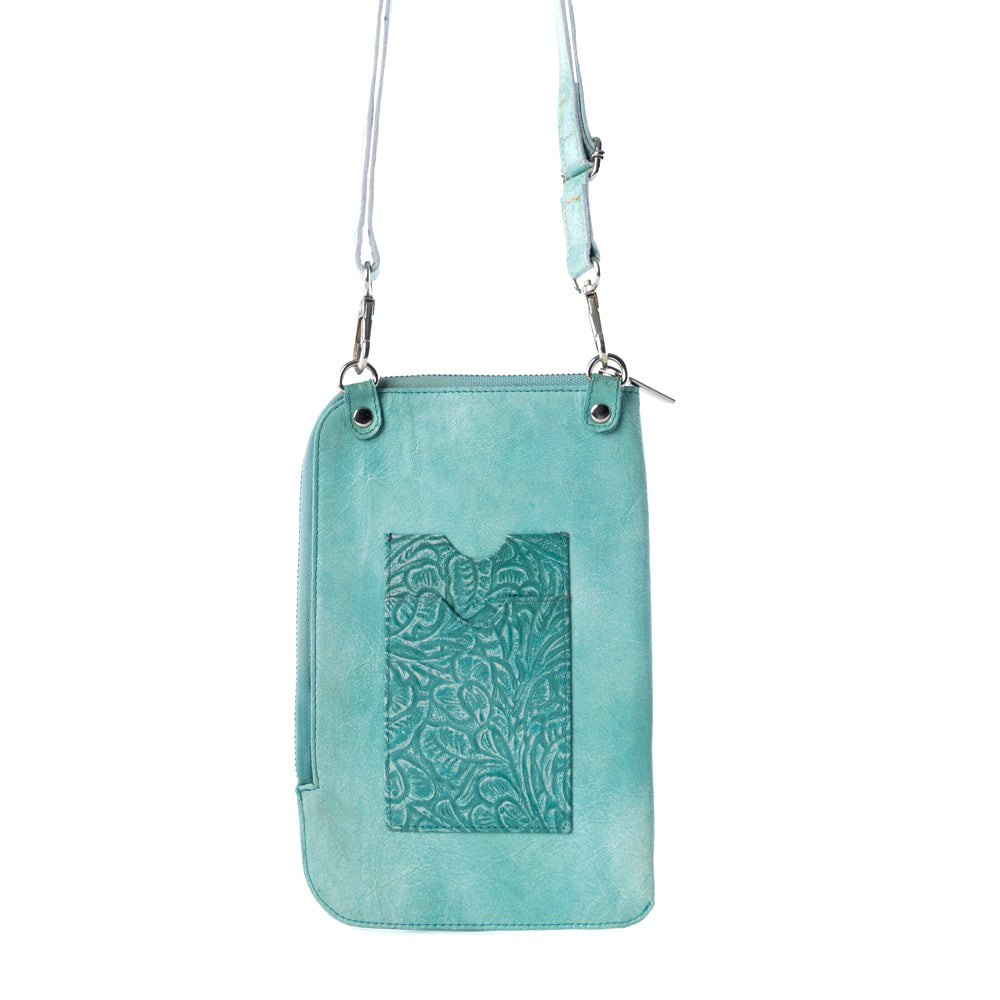 Myra Coyote Bloom Embossed mini sling for Women in aqua with floral detail