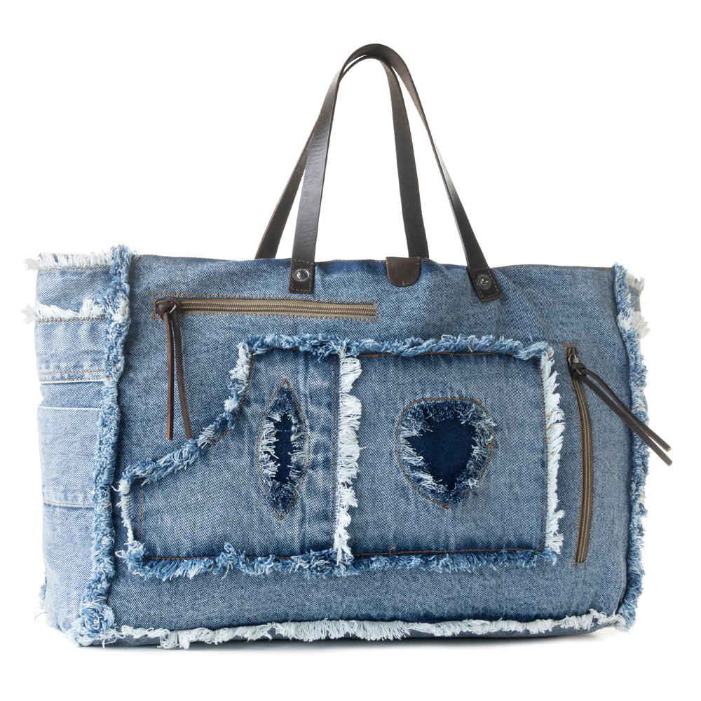 Myra Frayed Frontier Western denim Tote Bag for Women in denim blue with fringe detail