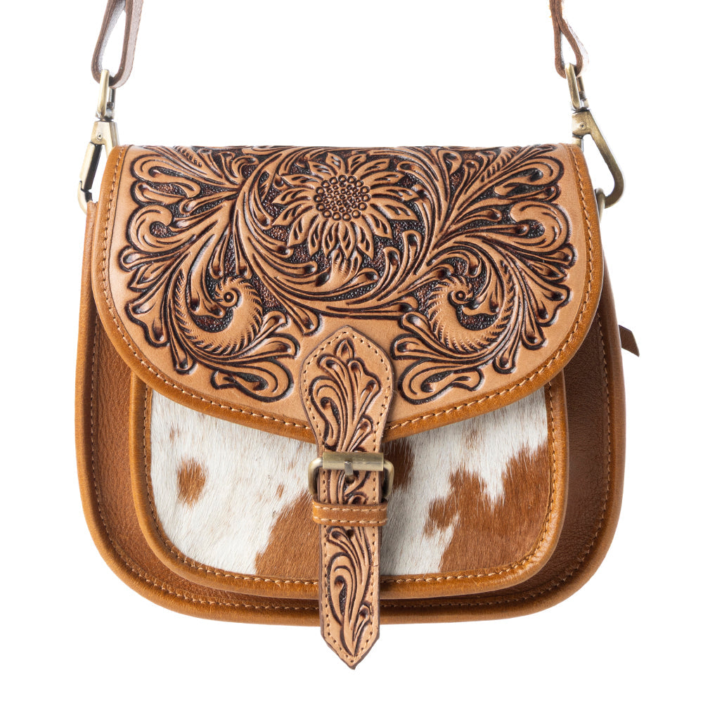 Myra Goldrush Saddle handtooled Bag for Women in saddle tan with hair-on detail