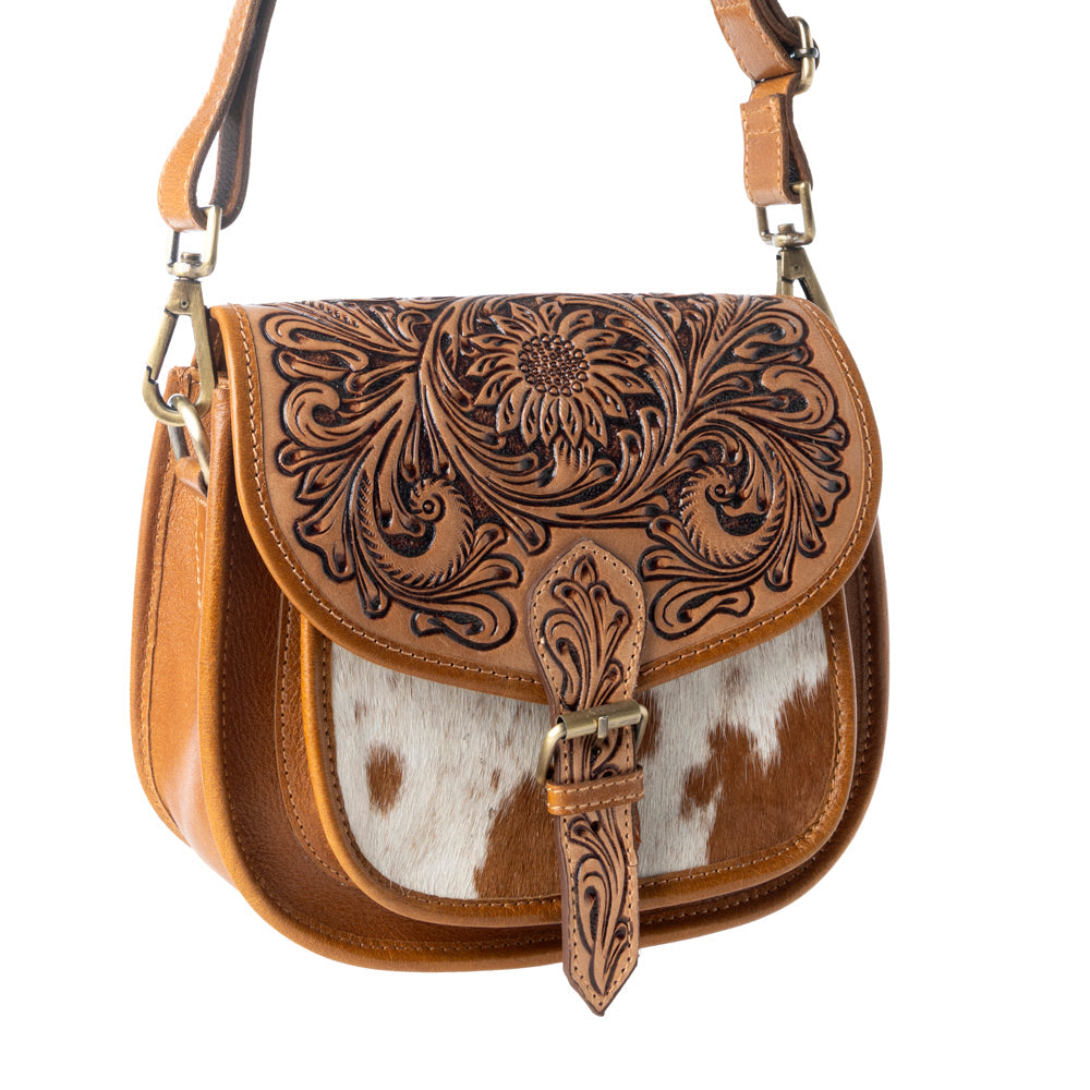 Myra Goldrush Saddle handtooled Bag for Women in saddle tan with hair-on detail
