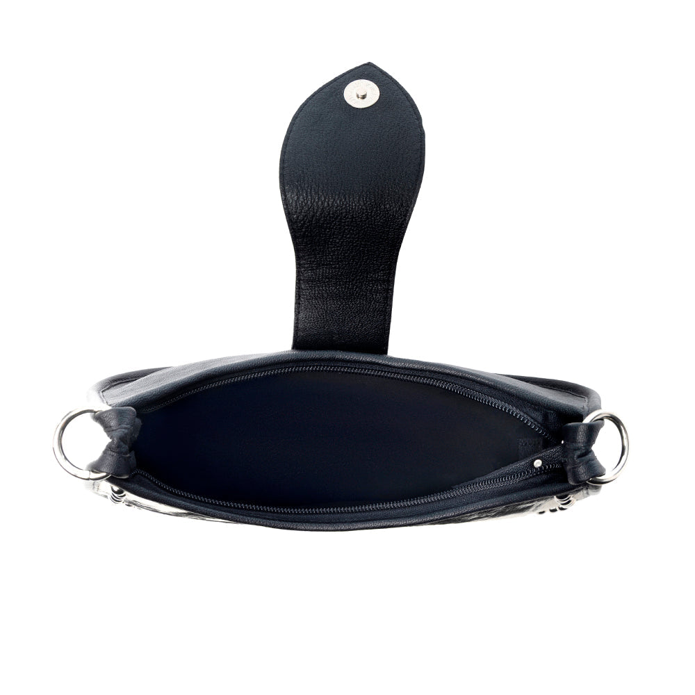 Myra Santa Fe Handtooled Bag for Women in Black with hairon and studded detail