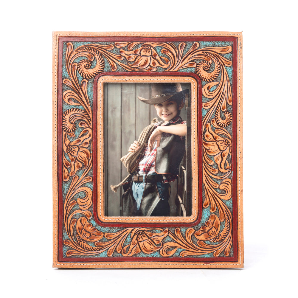 Myra Magnolia Rise Handtooled Leather Photo Frame in Deep Mahogany