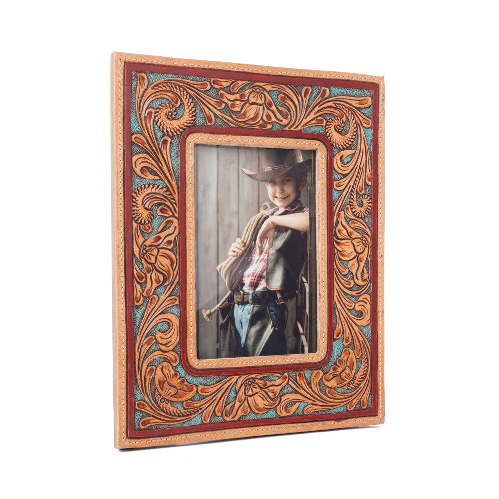 Myra Magnolia Rise Handtooled Leather Photo Frame in Deep Mahogany