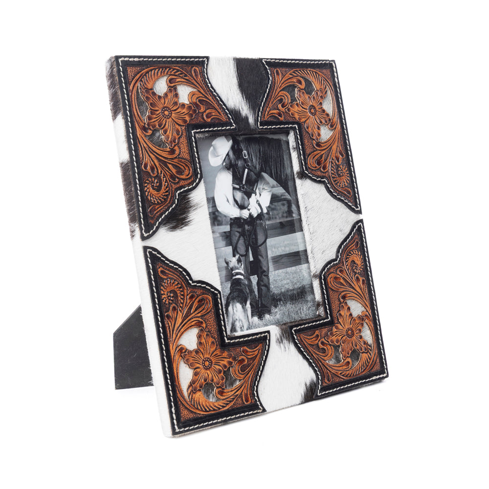 Myra Cornerstone Handtooled Leather Photo Frame in brown with hairon detail, western home décor