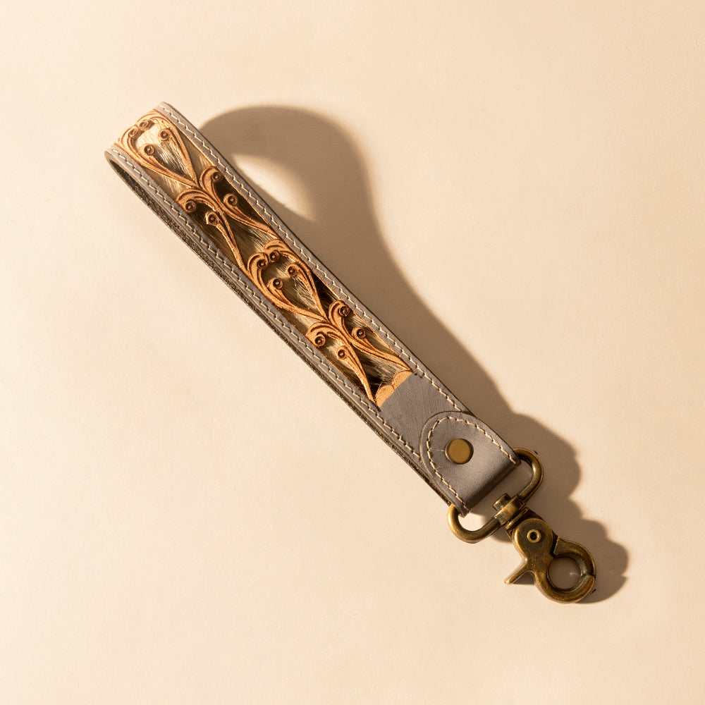Myra Wildvine Pony Western Handtooled Key Fob in dusk blue with hairon detail
