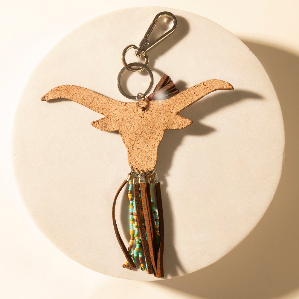 Myra Arroyo Bull Handtooled Leather Key Fob in Honey Aqua