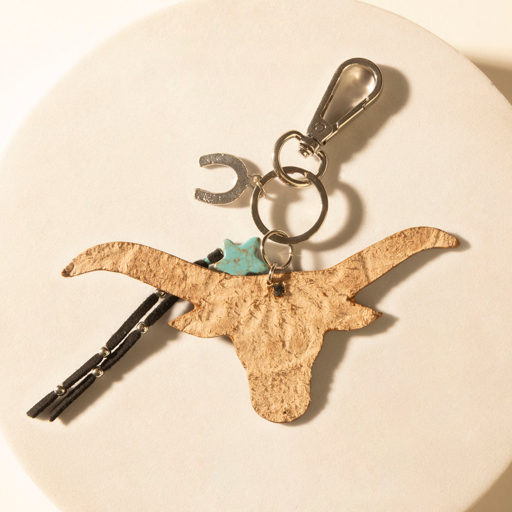 Myra Nightfall Cove Bull Handtooled Leather Key Fob in Onyx Turquoise