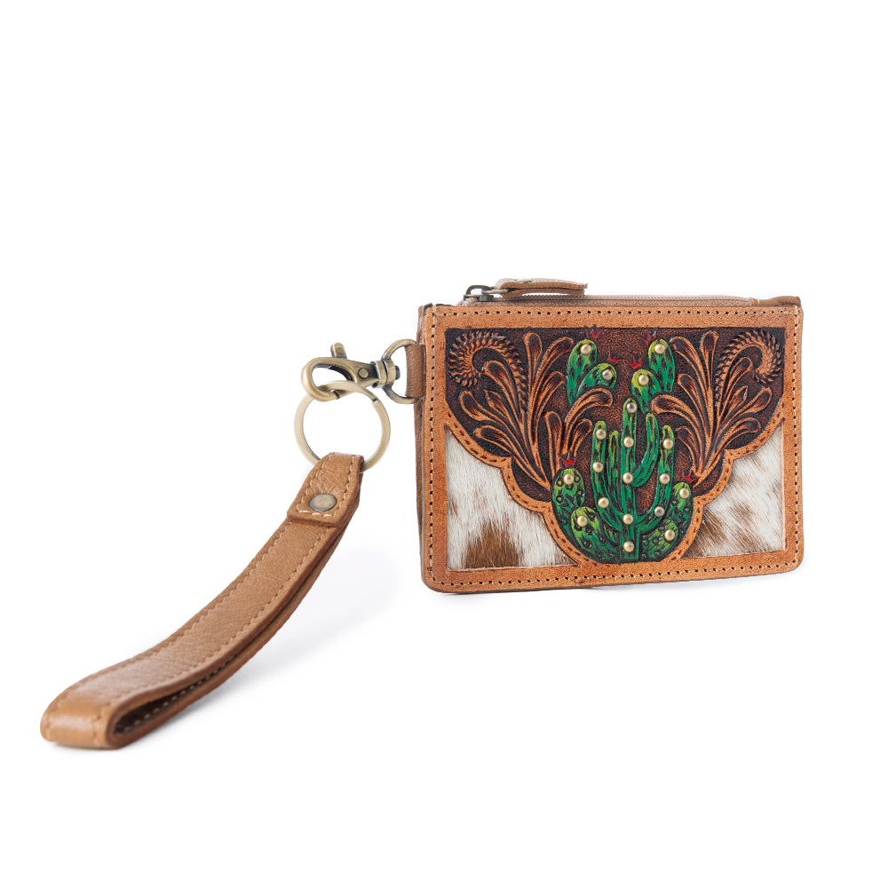 Myra Hand Hewn Western Card Holder for Women in Light Brown with handtooled Cactus detail