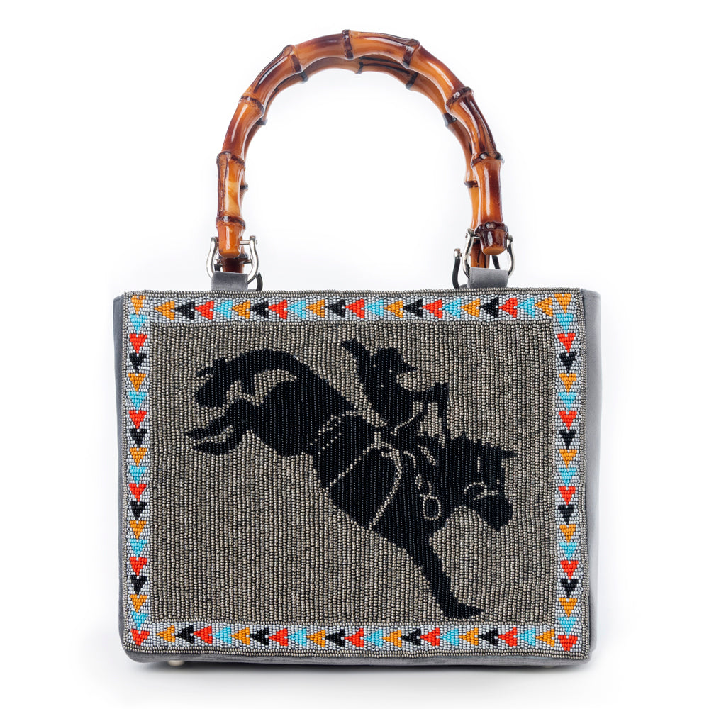 Myra Free Rein Western hand beaded Bag in grey with bamboo handle and horse embroidery