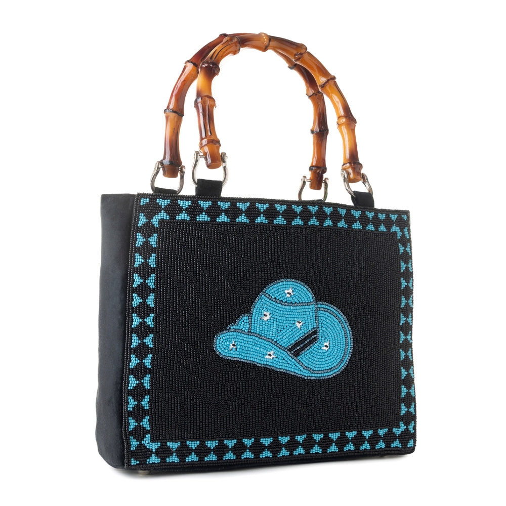 Myra Hat Tipper Western hand beaded Bag in blue with bamboo handle and hat embroidery