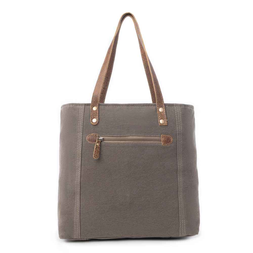 Myra Abstract Key Tote Bag for Women with upcycled canvas and leather accents in floral print with tasseled key detail