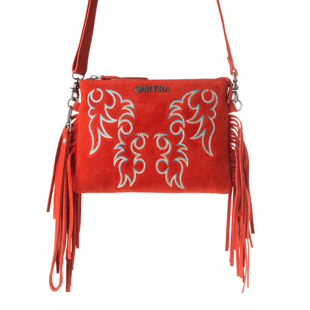 Myra Boot Stitch Suede Bag for Women in red with embroidery and fringe detail