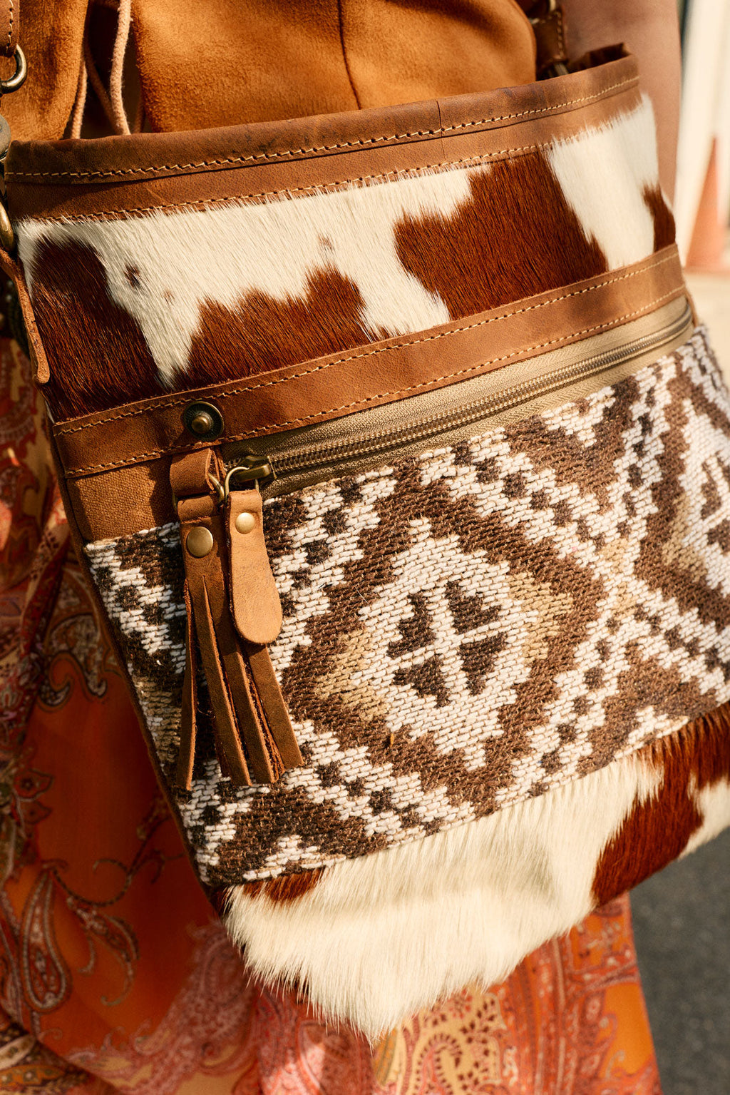 Myra Diamondback Trail Western Shoulder Bag for Women in Brown with Rug details