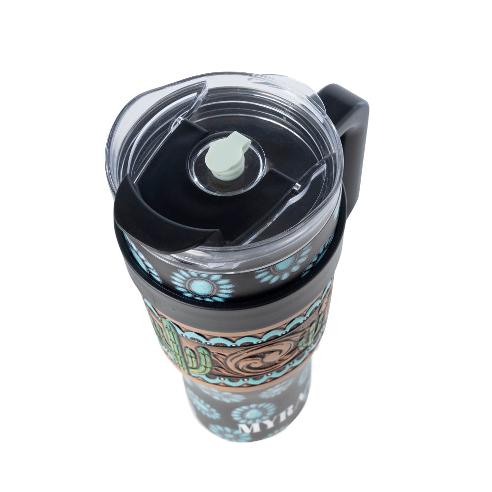 Myra Concho Crest Western Tooled Tumbler in Black Stainless Steel with Leather Wrap and Handle