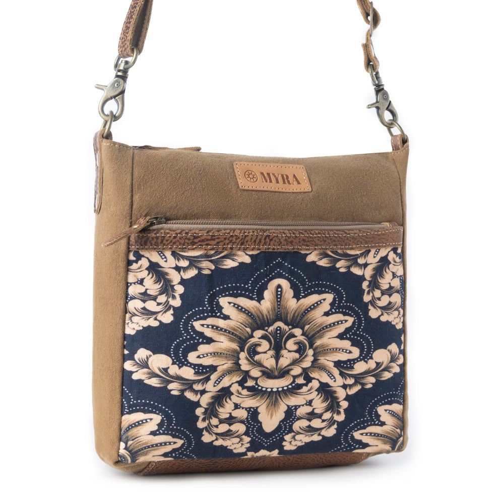 Myra Crestbloom Vintage Crossbody Bag for Women in navy with print detail
