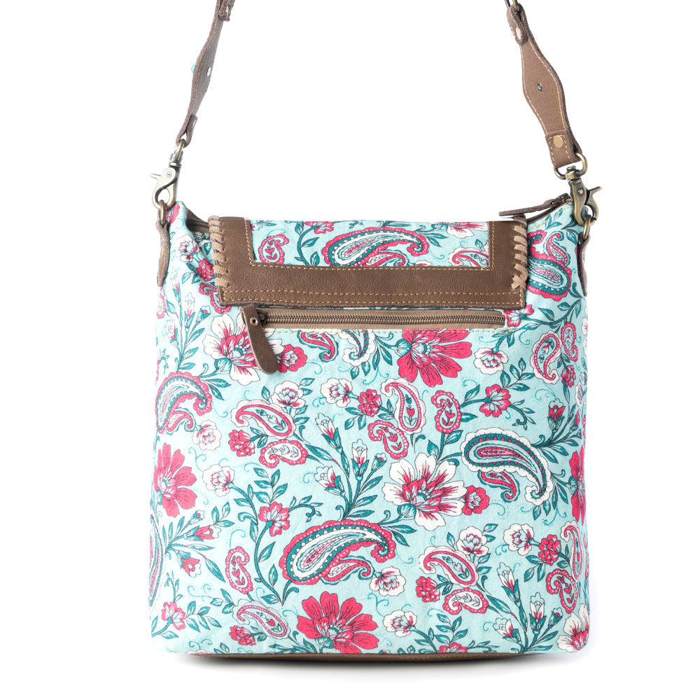 Myra Lagoon Lily upcycled canvas Bag for Women in blue with leather and weaved flap