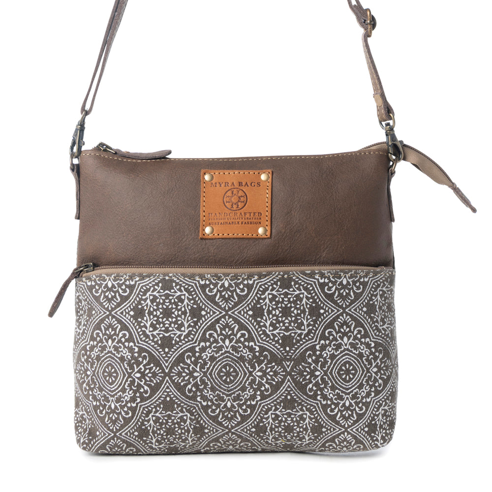 Myra Wildprint Trail Vintage Crossbody Bag for Women in olive with tile detail
