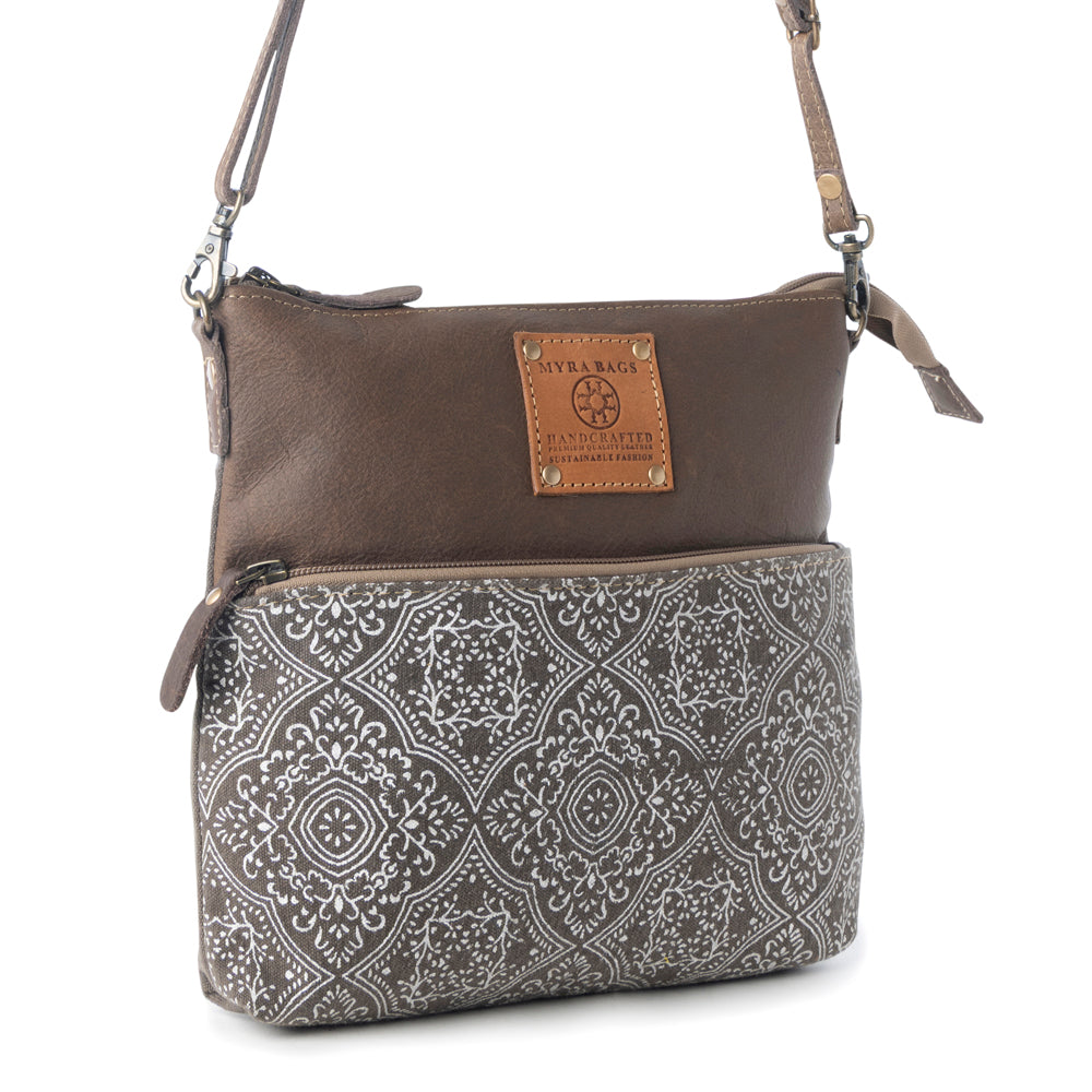 Myra Wildprint Trail Vintage Crossbody Bag for Women in olive with tile detail