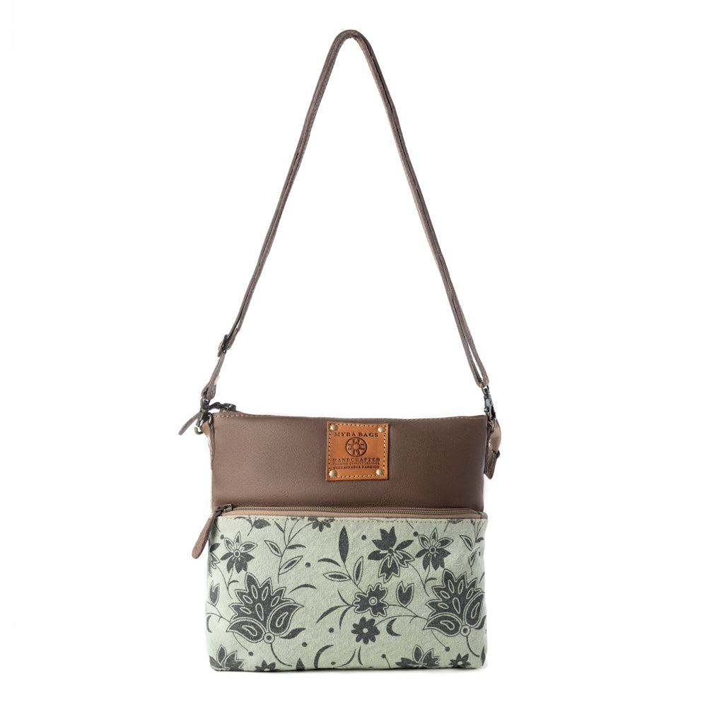 Myra Wildprint Trail upcycled canvas crossbody Bag for Women in sage with floral detail