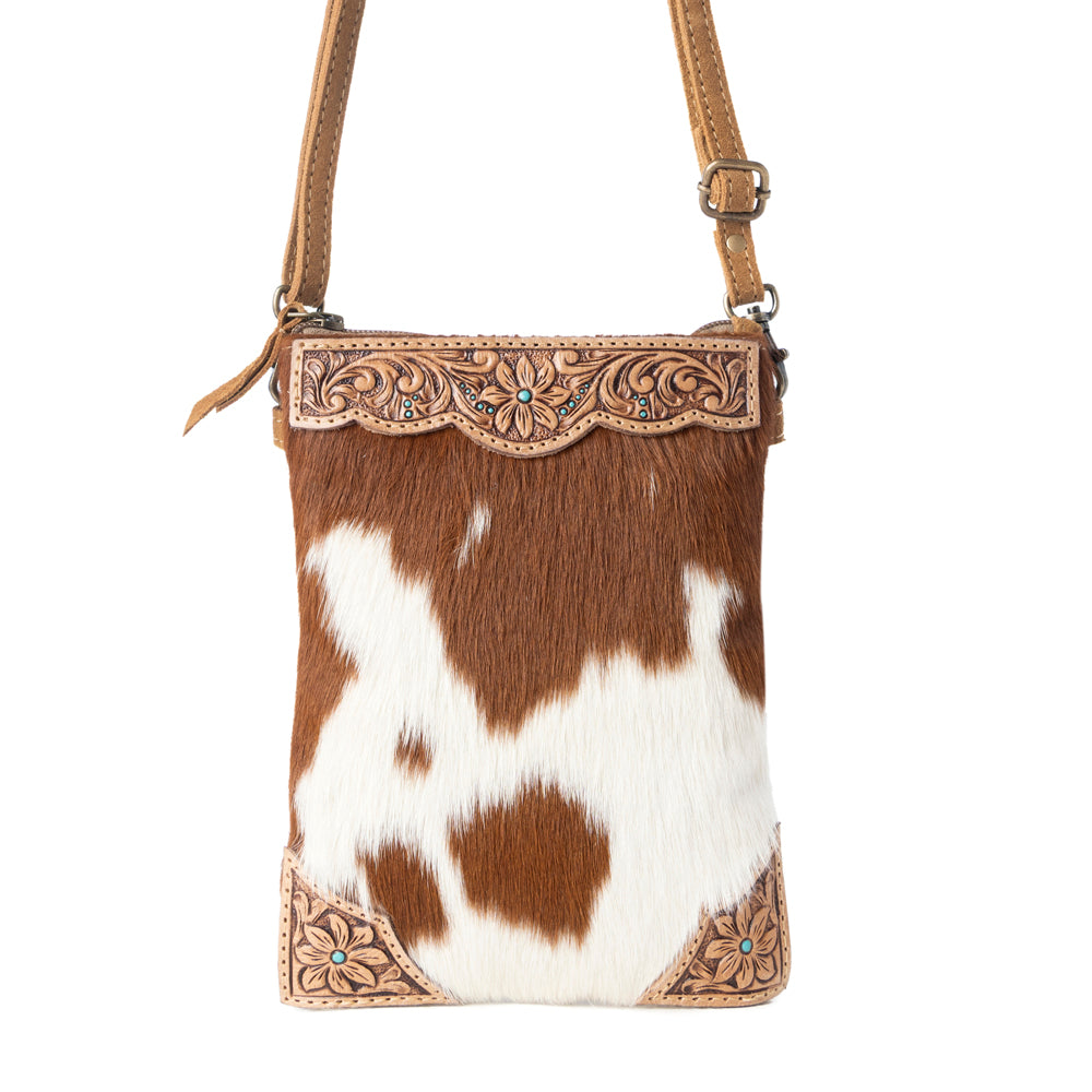 Myra Calico Hairon Crossbody Bag for Women in brown with hairon and handtooled detail