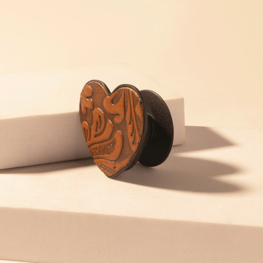 Myra Cowgirl Heart Phone Socket for Women in brown with handtooled detail for everyday use