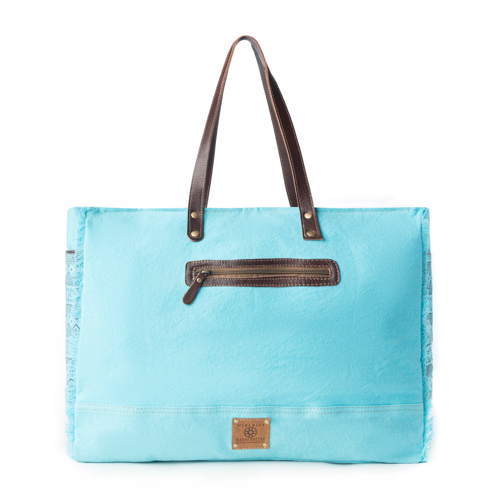 Myra Aztec Sky Western Weekender Bag for Women in turquoise with print detail