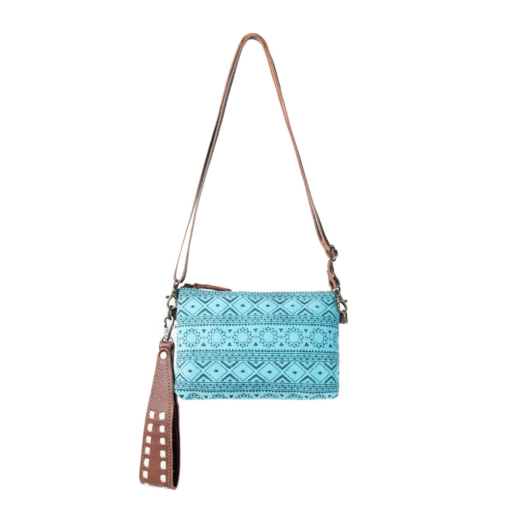 Myra Aztec Sky Cotton Belt Bag for Women in turquoise with leather detail